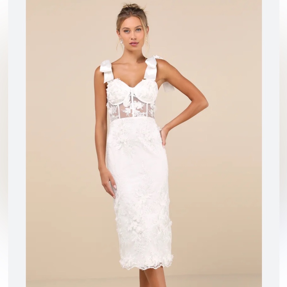Exquisite Charisma White 3D Floral Bustier Tie-Strap Midi Dress